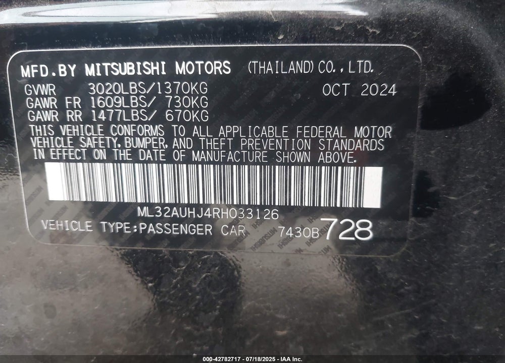 2024 MITSUBISHI MIRAGE VIN: ML32AUHJ4RH033126