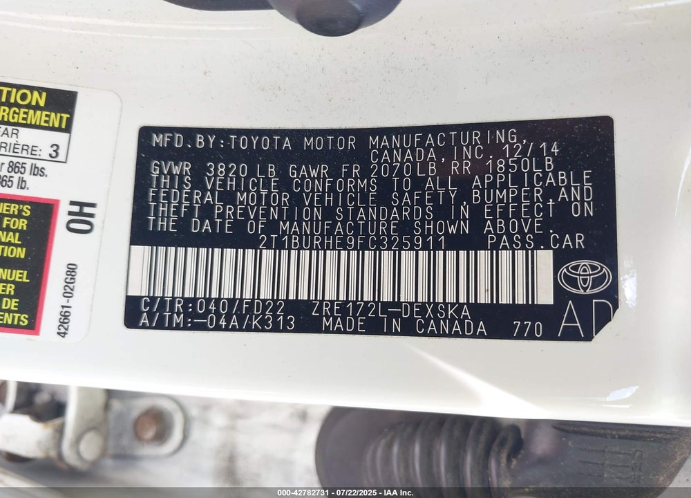2015 TOYOTA COROLLA VIN: 2T1BURHE9FC325911
