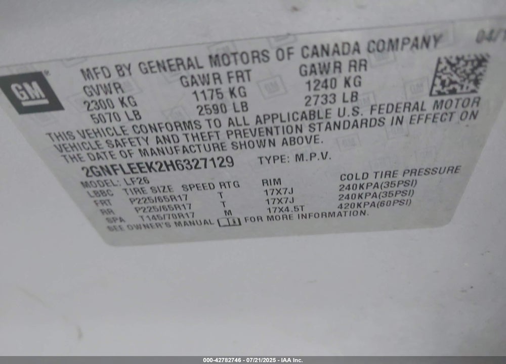 2017 CHEVROLET EQUINOX VIN: 2GNFLEEK2H6327129