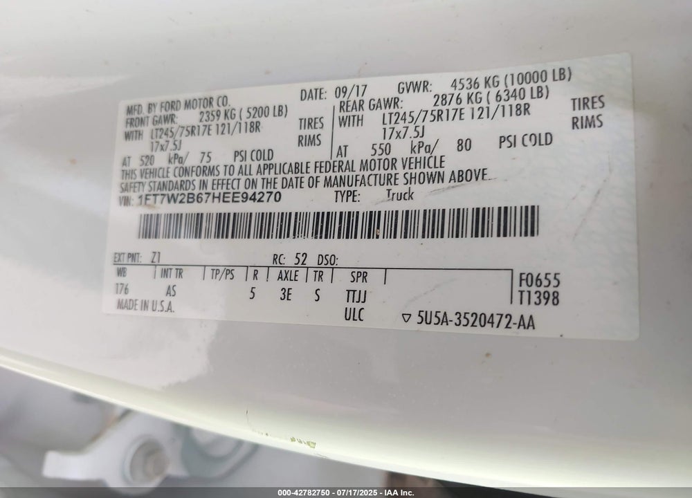 2017 FORD F250 VIN: 1FT7W2B67HEE94270