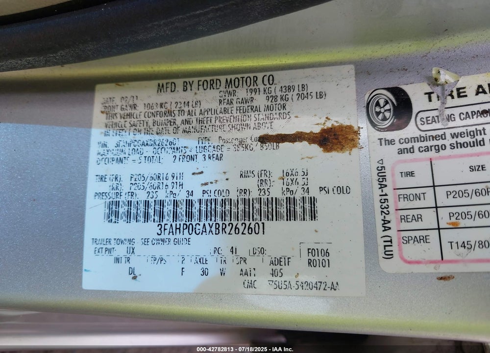 2011 FORD FUSION VIN: 3FAHP0GAXBR262601