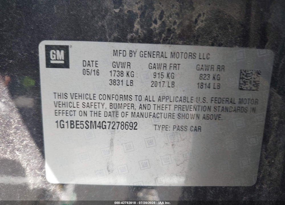 2016 CHEVROLET CRUZE VIN: 1G1BE5SM4G7278692