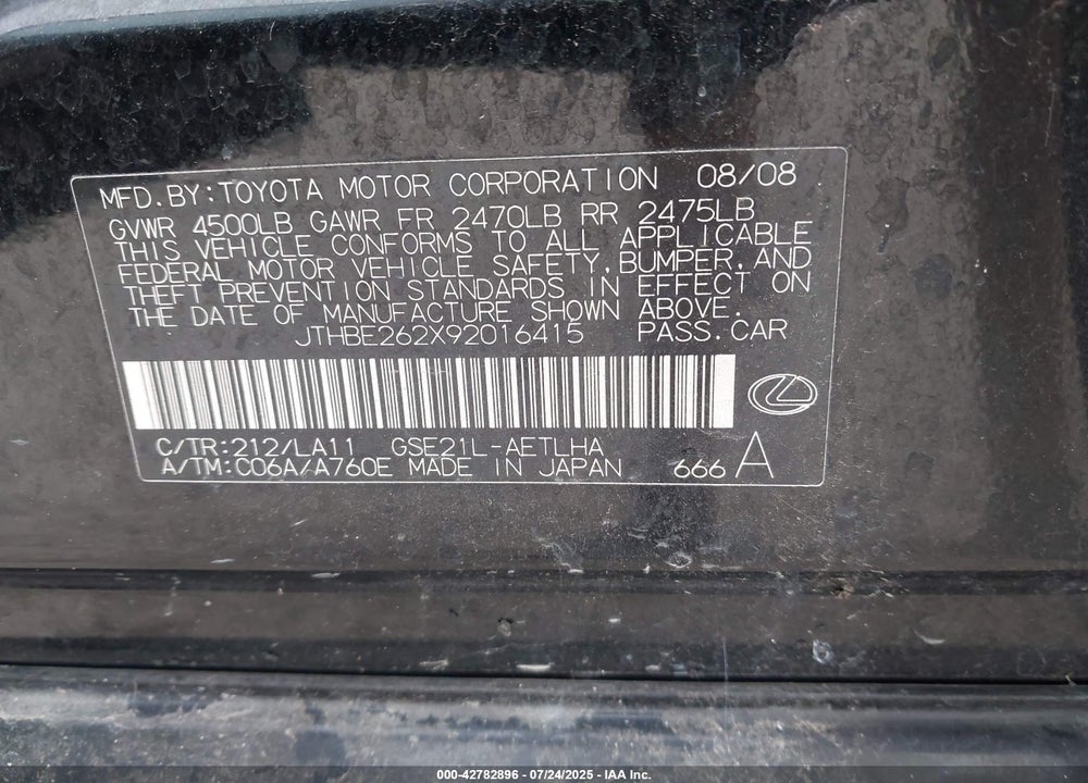 2009 LEXUS IS350 VIN: JTHBE262X92016415