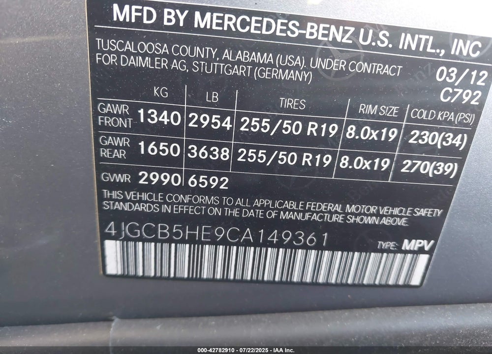 2012 MERCEDES-BENZ R-CLASS VIN: 4JGCB5HE9CA149361