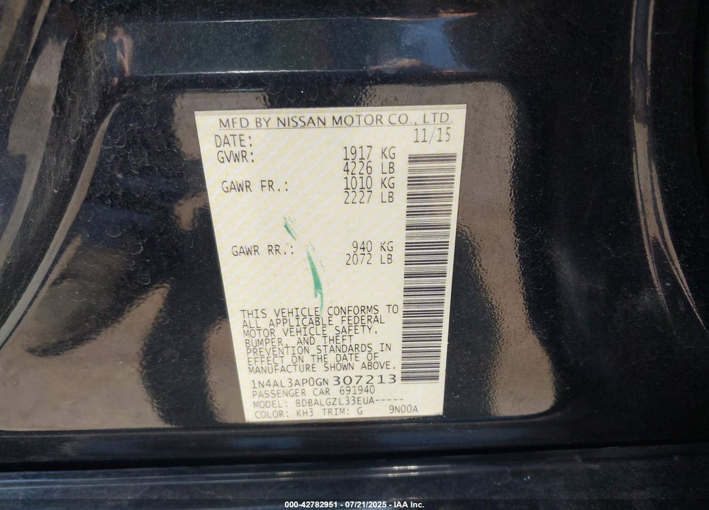 2016 NISSAN ALTIMA VIN: 1N4AL3AP0GN307213