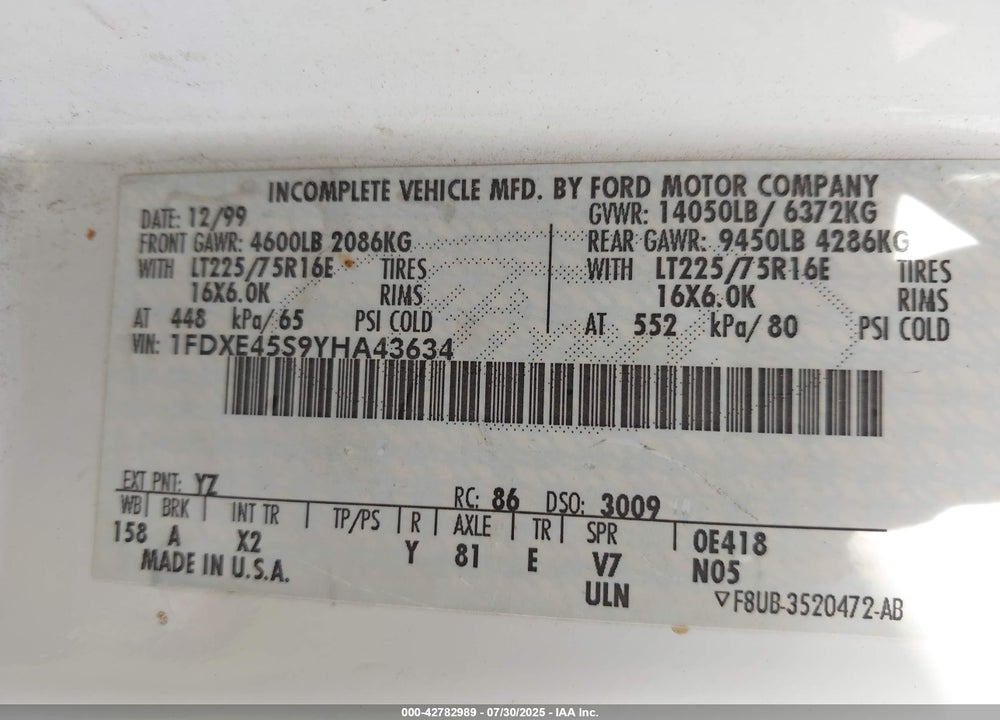 2000 FORD GOSHEN E-450 CUTAWAY VIN: 1FDXE45S9YHA43634