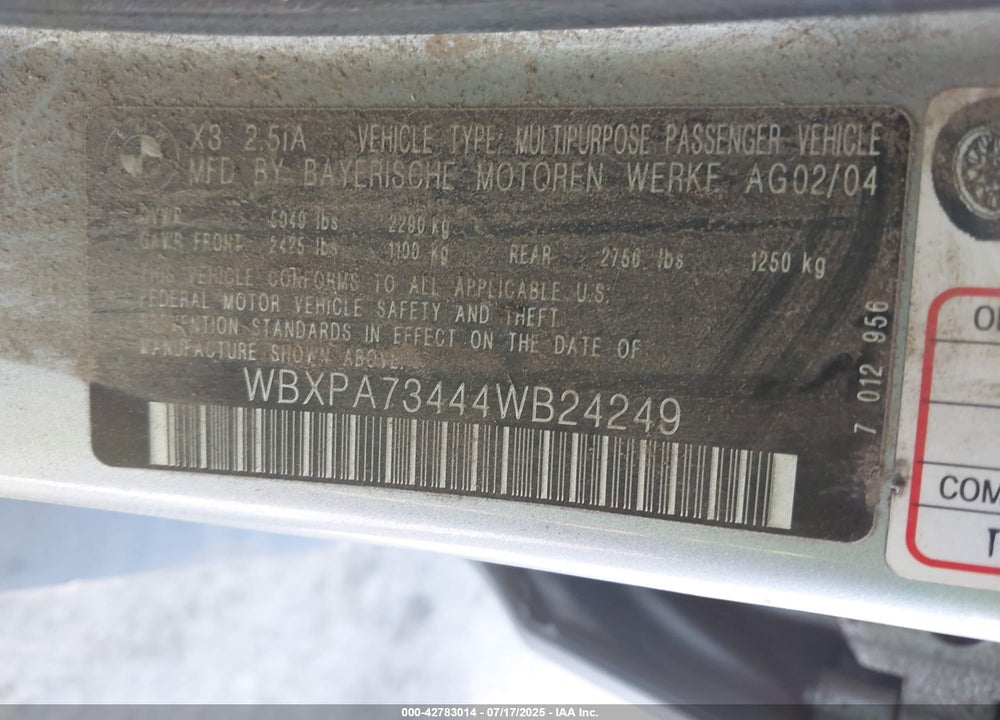 2004 BMW X3 2.5I VIN: WBXPA73444WB24249