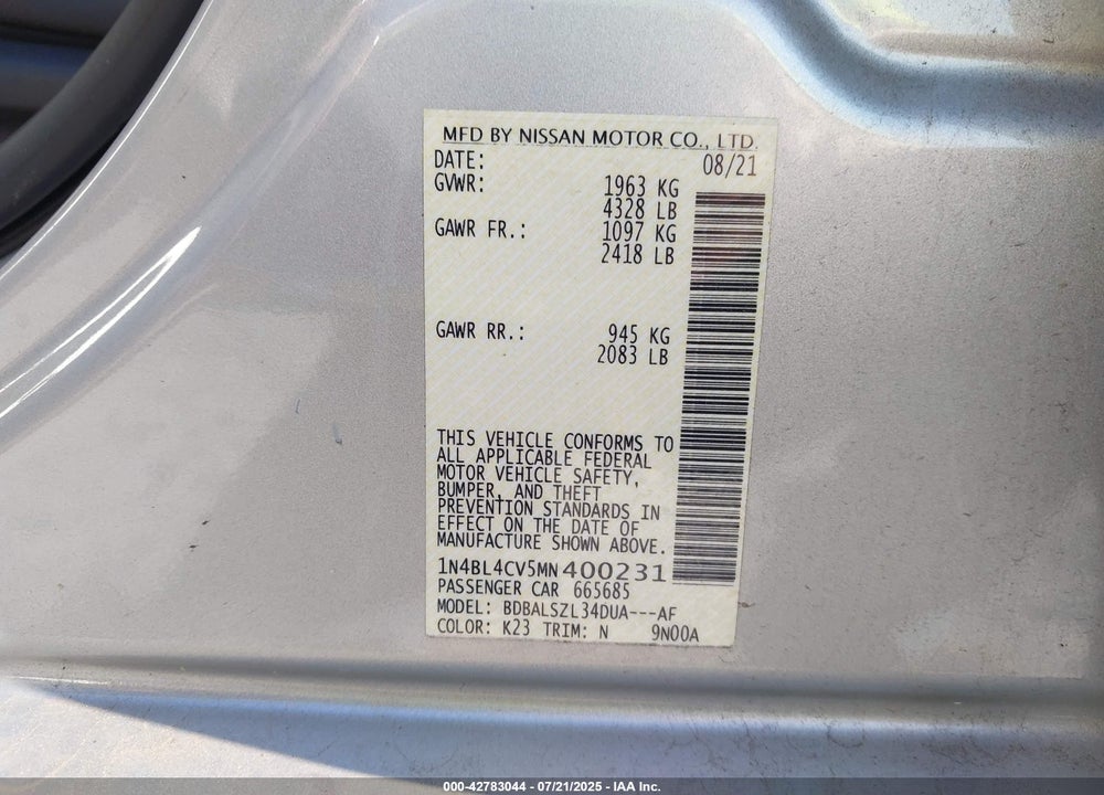 2021 NISSAN ALTIMA VIN: 1N4BL4CV5MN400231