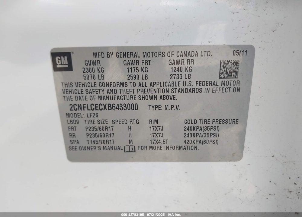 2011 CHEVROLET EQUINOX VIN: 2CNFLCECXB6433000