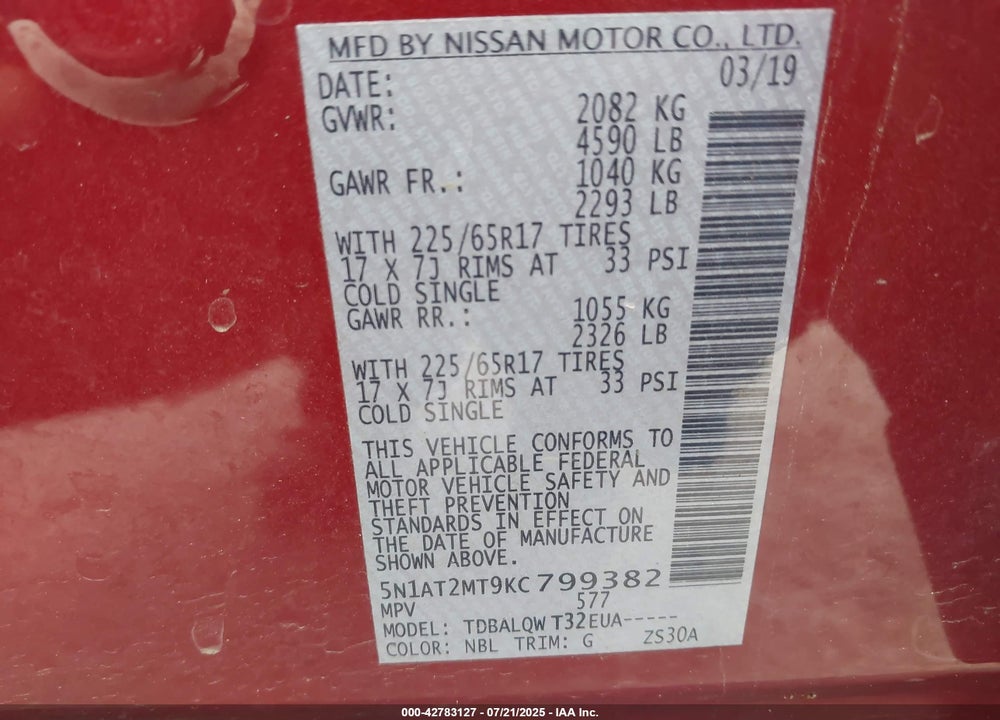 2019 NISSAN ROGUE VIN: 5N1AT2MT9KC799382