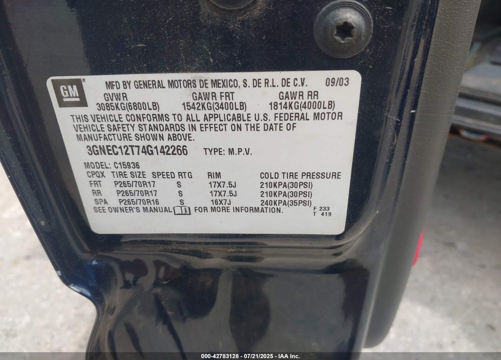2004 CHEVROLET AVALANCHE 1500 VIN: 3GNEC12T74G142266