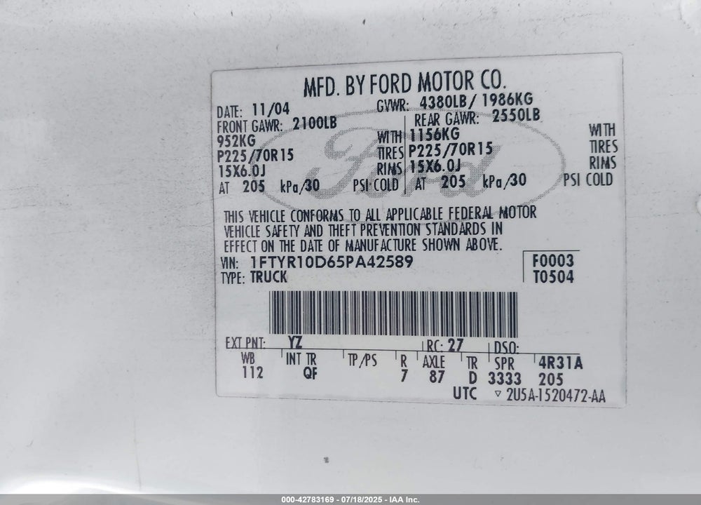 2005 FORD RANGER XL/XLS/XLT VIN: 1FTYR10D65PA42589