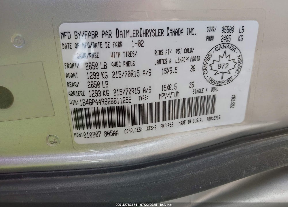 2002 DODGE GRAND CARAVAN SPORT VIN: 1B4GP44R92B611255