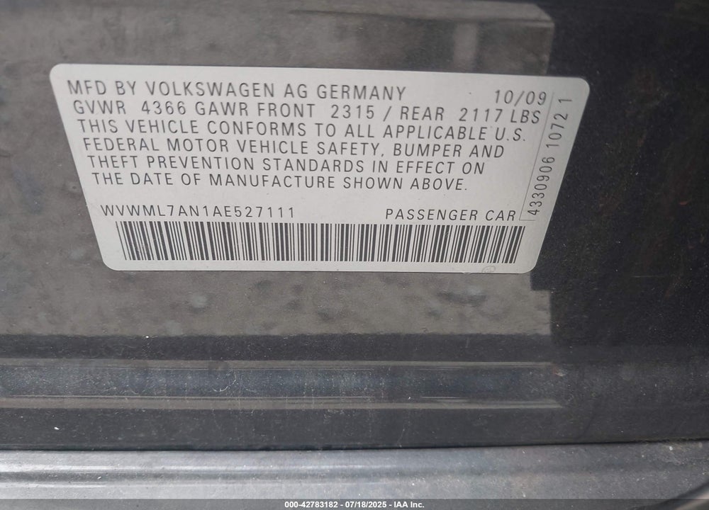 2010 VOLKSWAGEN CC VIN: WVWML7AN1AE527111