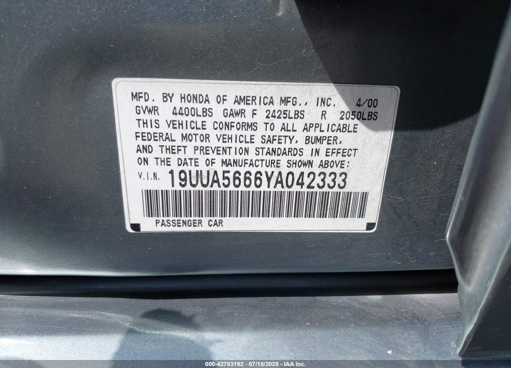 2000 ACURA TL 3.2 VIN: 19UUA5666YA042333