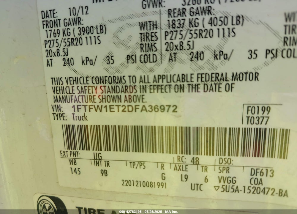 2013 FORD F-150 VIN: 1FTFW1ET2DFA36972