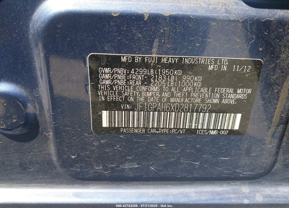 2013 SUBARU IMPREZA VIN: JF1GPAH6XD2817792