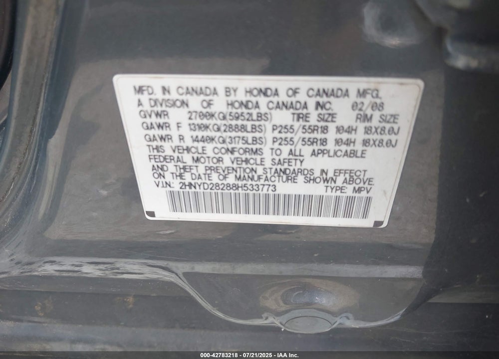 2008 ACURA MDX VIN: 2HNYD28288H533773