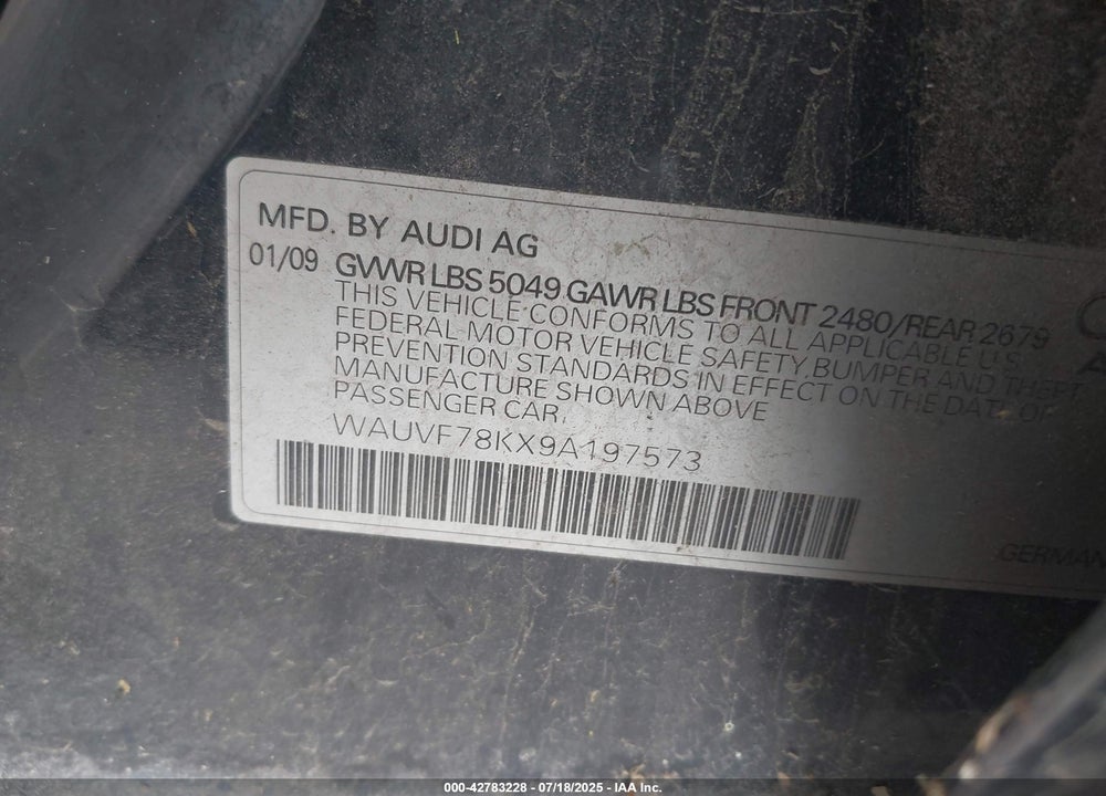 2009 AUDI A4 VIN: WAUVF78KX9A197573