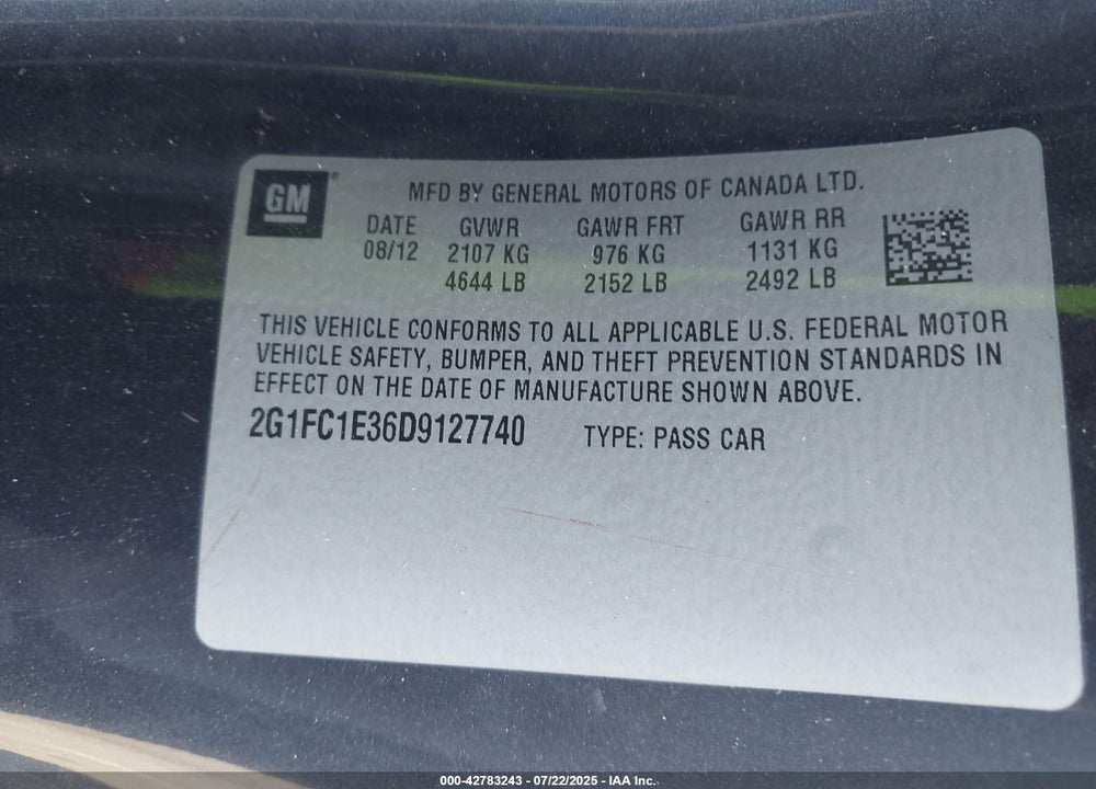 2013 CHEVROLET CAMARO VIN: 2G1FC1E36D9127740