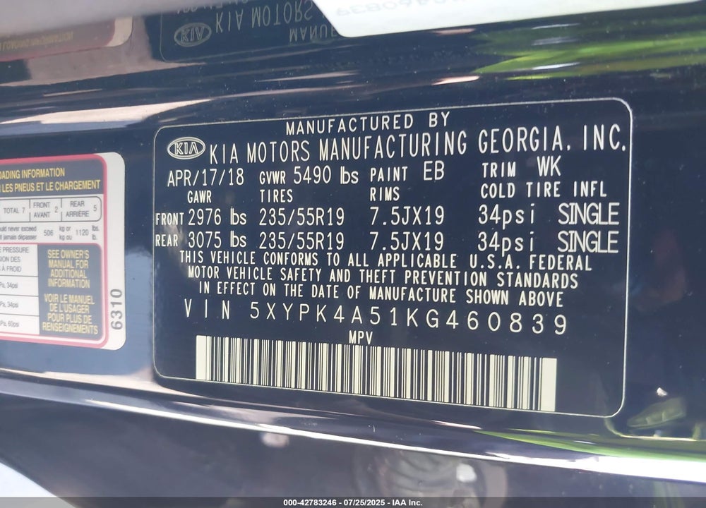2019 KIA SORENTO VIN: 5XYPK4A51KG460839