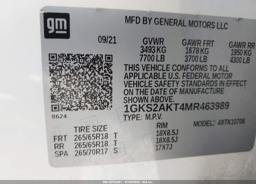 2021 GMC YUKON VIN: 1GKS2AKT4MR463989