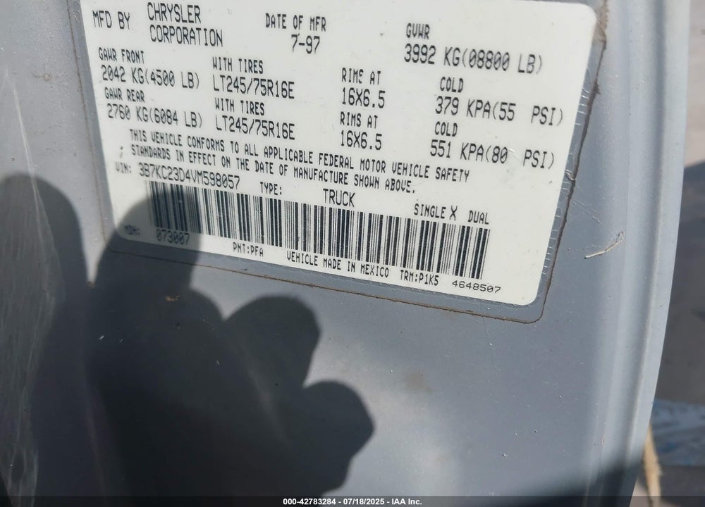 1997 DODGE RAM 2500 ST VIN: 3B7KC23D4VM598057