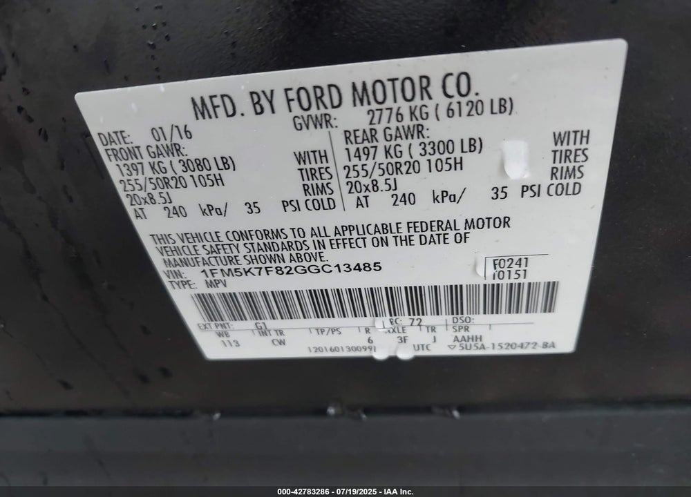 2016 FORD EXPLORER VIN: 1FM5K7F82GGC13485
