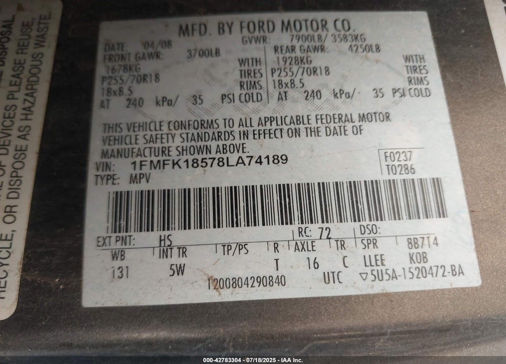 2008 FORD EXPEDITION EL VIN: 1FMFK18578LA74189