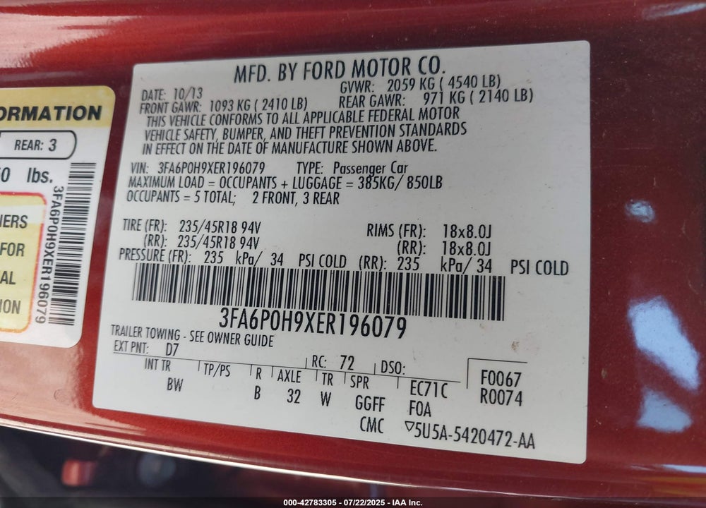 2014 FORD FUSION VIN: 3FA6P0H9XER196079