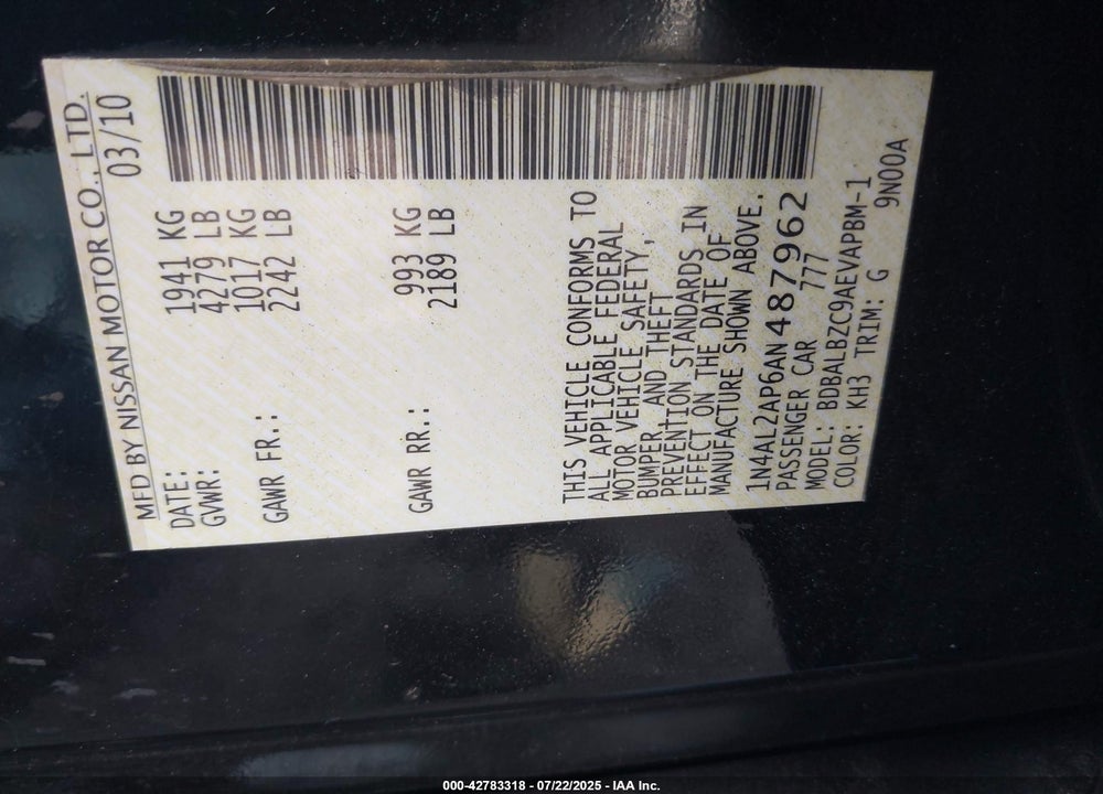 2010 NISSAN ALTIMA VIN: 1N4AL2AP6AN487962