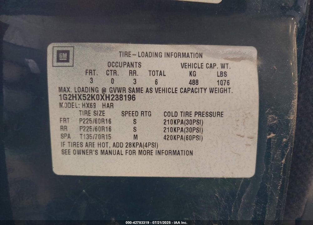 1999 PONTIAC BONNEVILLE VIN: 1G2HX52K0XH238196
