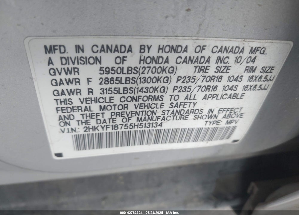 2005 HONDA PILOT EX-L VIN: 2HKYF18755H513134