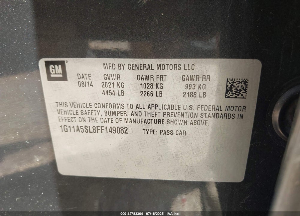 2015 CHEVROLET MALIBU 1FL VIN: 1G11A5SL8FF149082