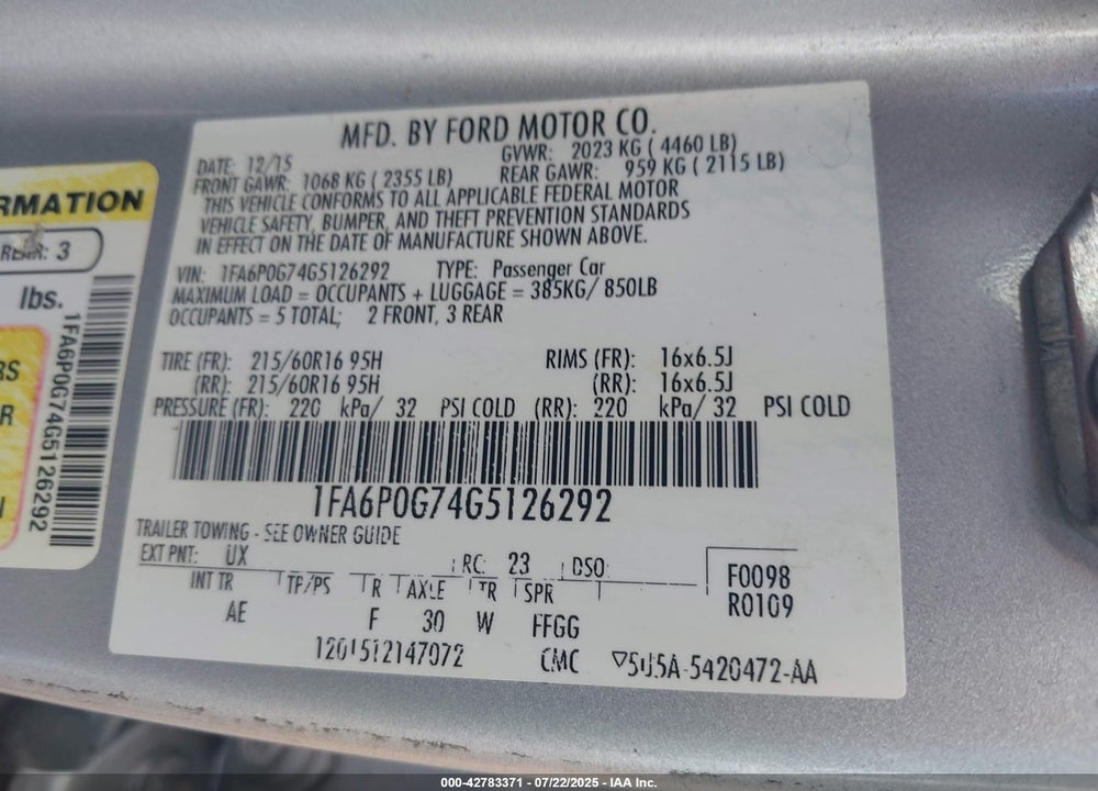 2016 FORD FUSION VIN: 1FA6P0G74G5126292