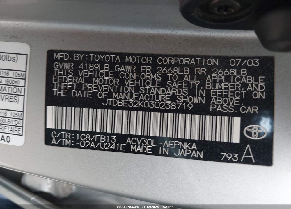2003 TOYOTA CAMRY VIN: JTDBE32K030238719