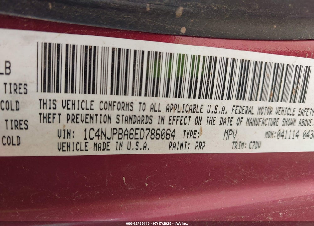 2014 JEEP PATRIOT VIN: 1C4NJPBA6ED786064