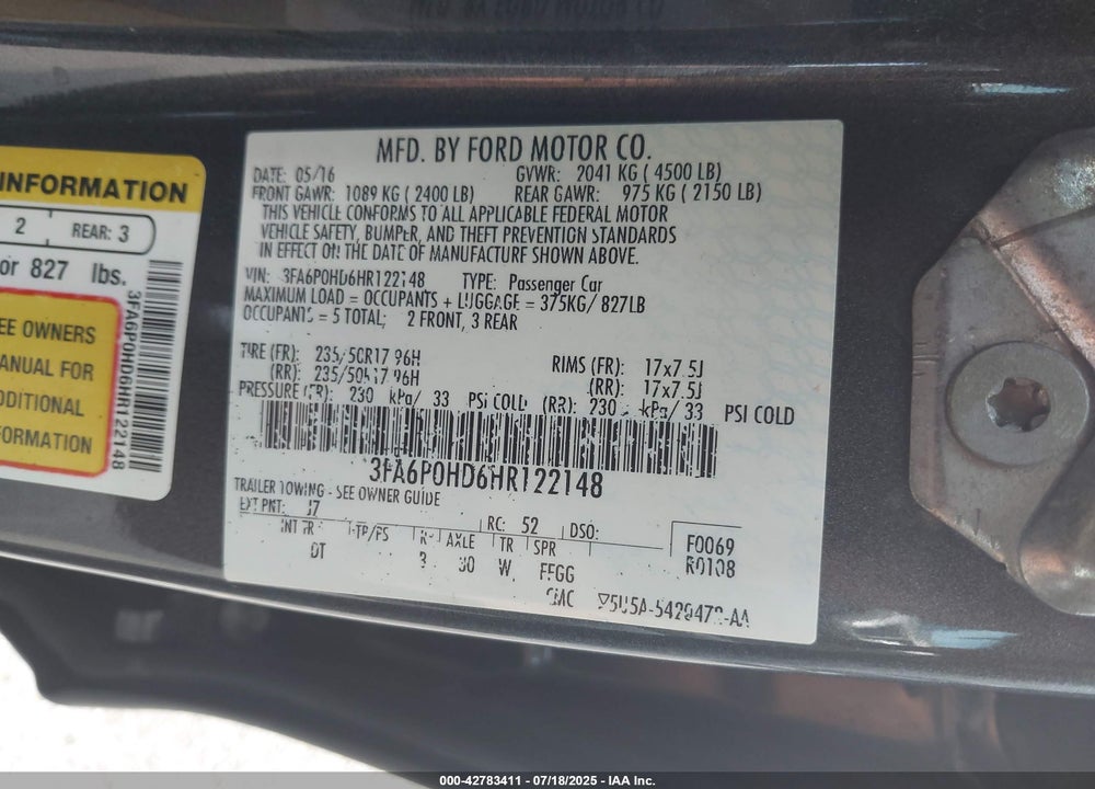 2017 FORD FUSION VIN: 3FA6P0HD6HR122148
