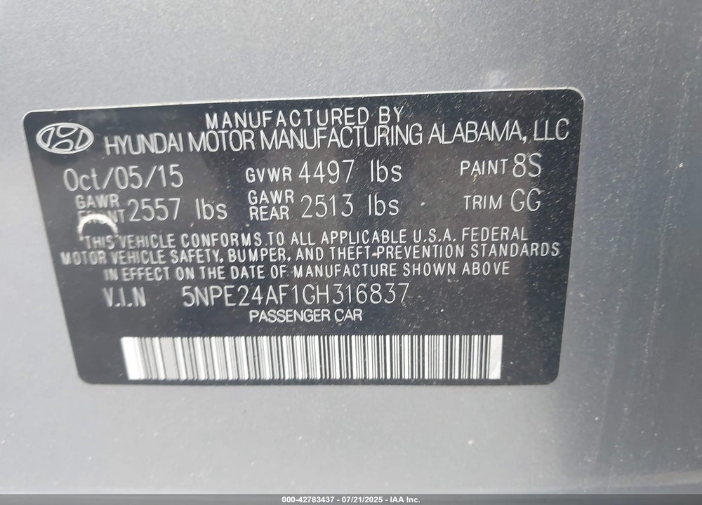 2016 HYUNDAI SONATA VIN: 5NPE24AF1GH316837