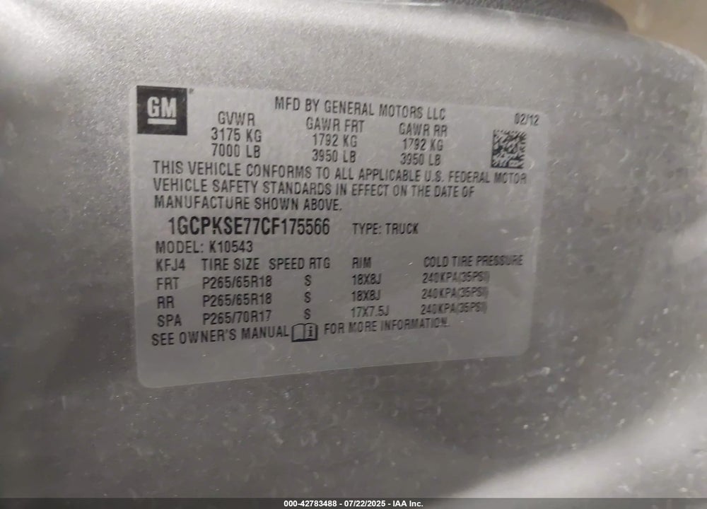 2012 CHEVROLET SILVERADO 1500 VIN: 1GCPKSE77CF175566