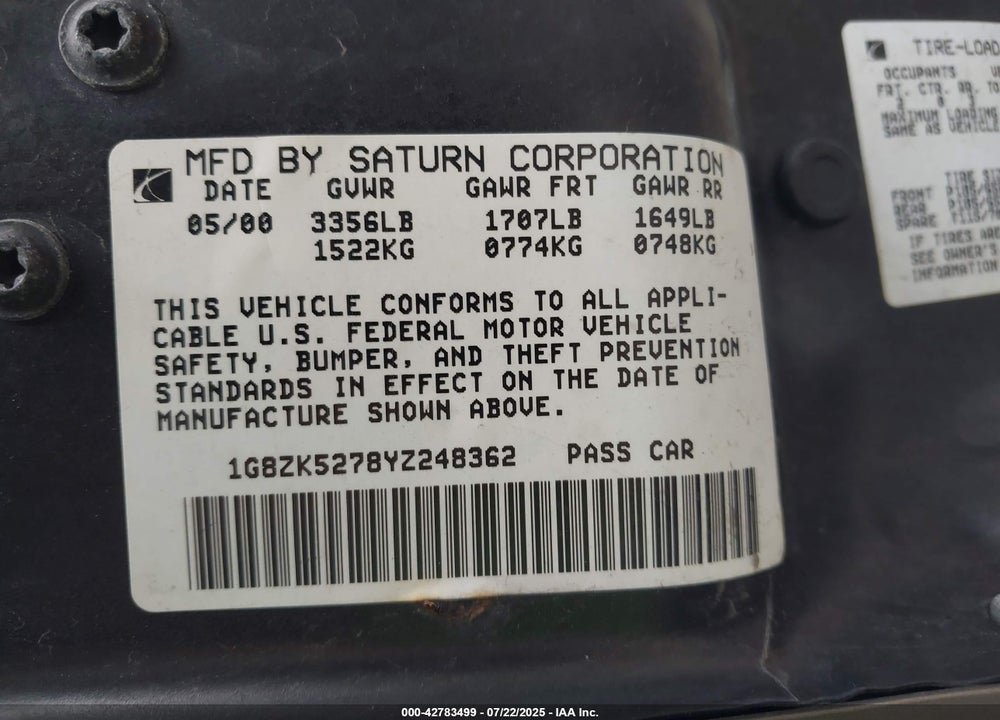 2000 SATURN SL2 VIN: 1G8ZK5278YZ248362