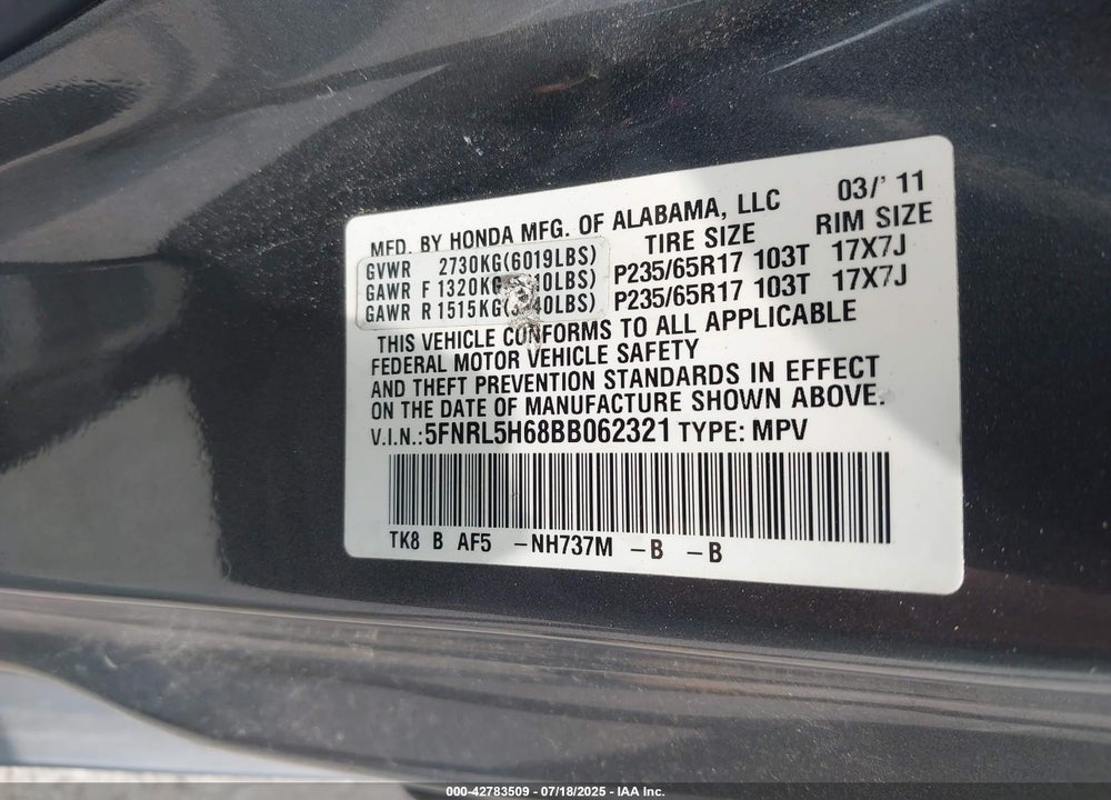 2011 HONDA ODYSSEY EX-L VIN: 5FNRL5H68BB062321