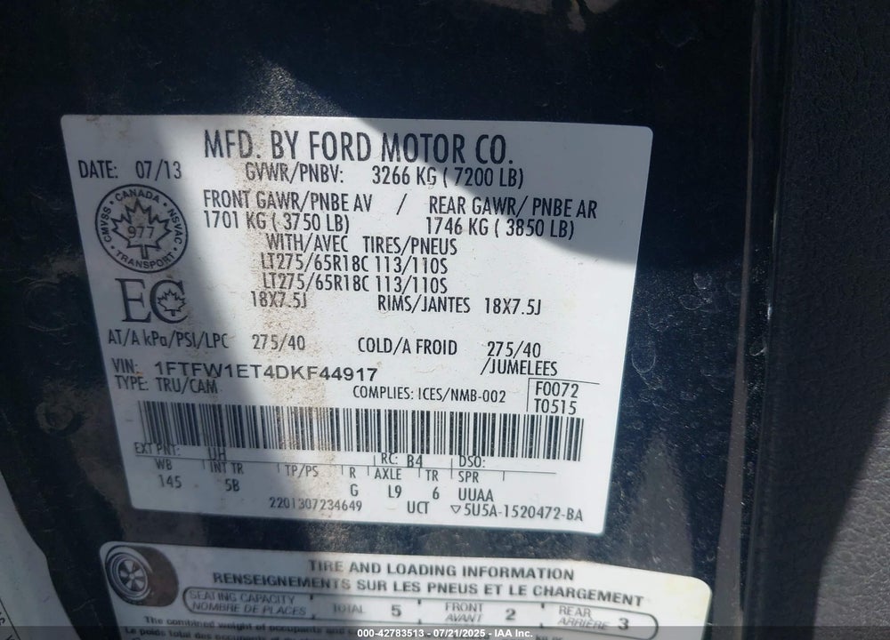 2013 FORD F-150 VIN: 1FTFW1ET4DKF44917