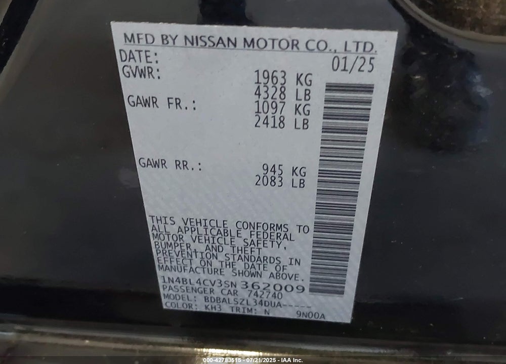 2025 NISSAN ALTIMA VIN: 1N4BL4CV3SN362009