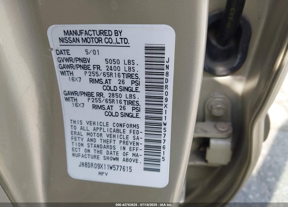 2001 NISSAN PATHFINDER LE VIN: JN8DR09X11W577615