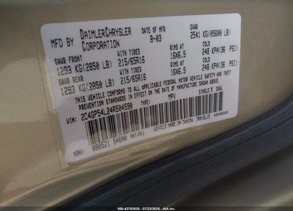 2004 CHRYSLER TOWN & COUNTRY TOURING VIN: 2C4GP54L24R504590