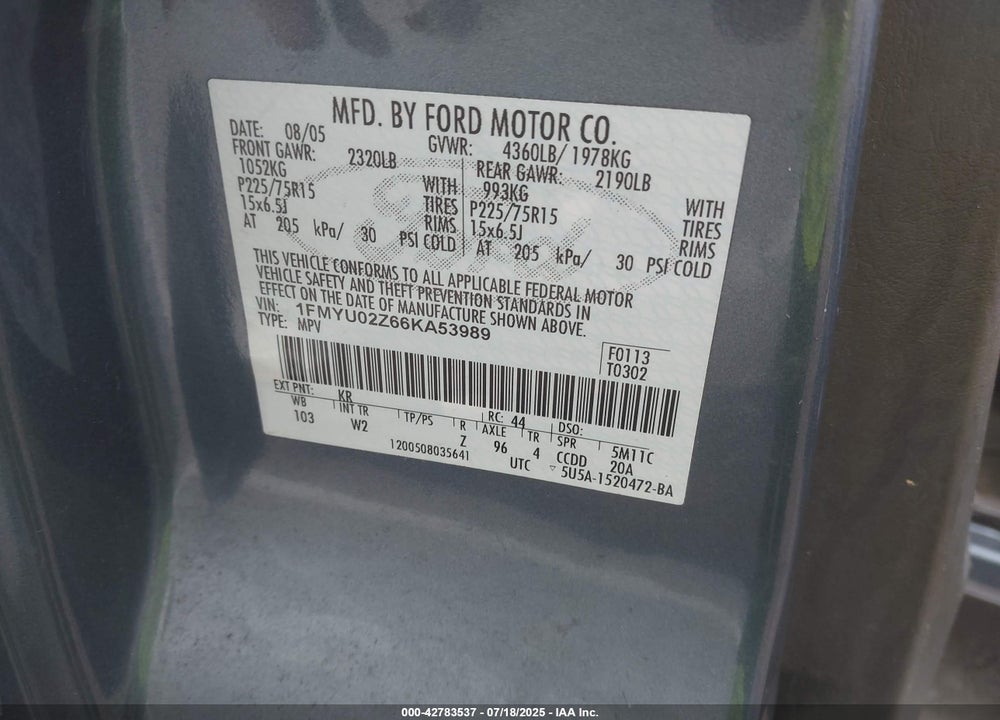 2006 FORD ESCAPE VIN: 1FMYU02Z66KA53989