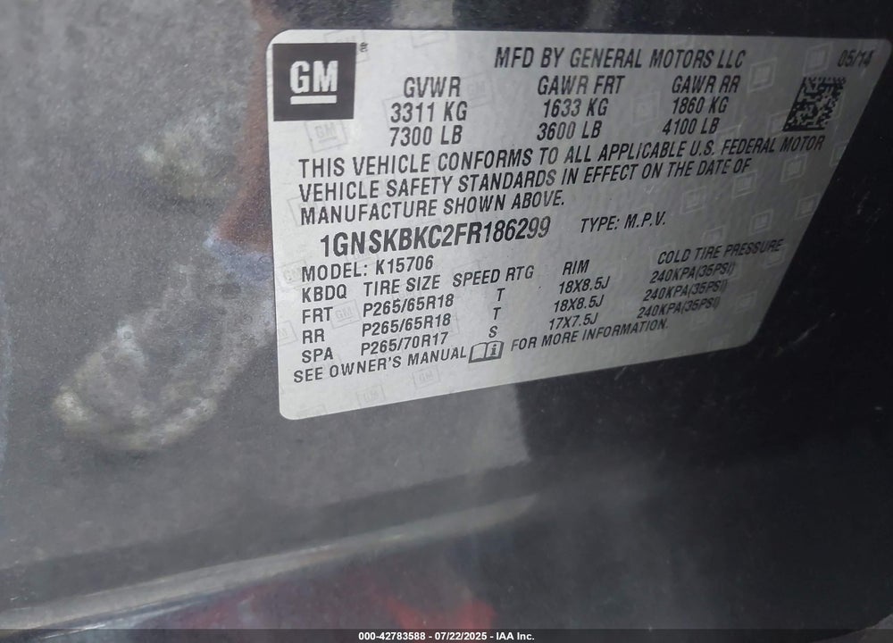 2015 CHEVROLET TAHOE VIN: 1GNSKBKC2FR186299