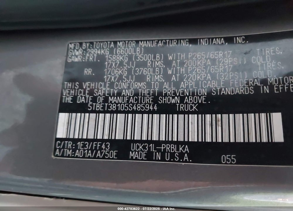 2005 TOYOTA TUNDRA LIMITED V8 VIN: 5TBET38105S485944