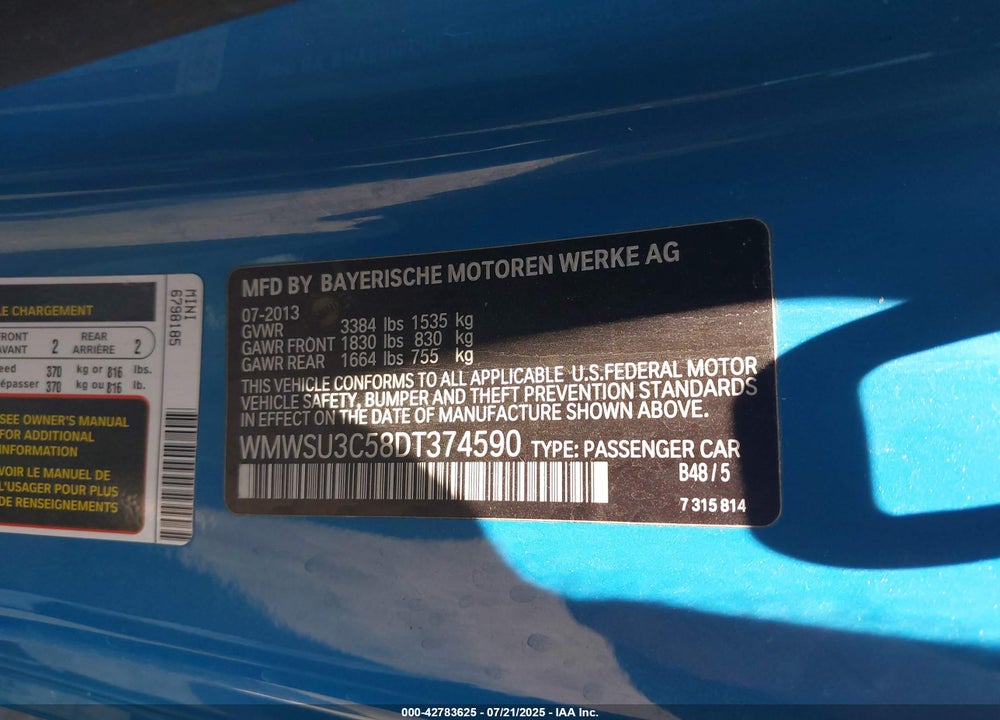 2013 MINI COOPER VIN: WMWSU3C58DT374590